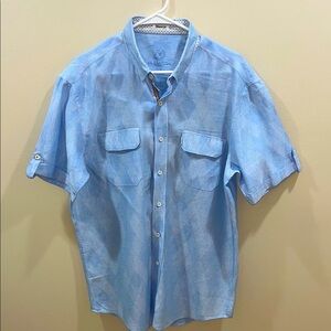 Bugatchi Men’s Cotton/Linen Blend Short Sleeve Blue Button Down. Large.